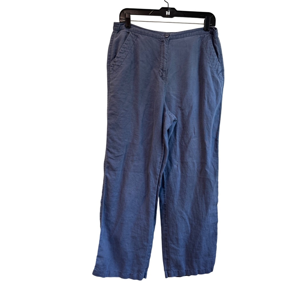 LL Bean Womens 100% Linen Pants Slate Blue 14 Regular Elastic Back